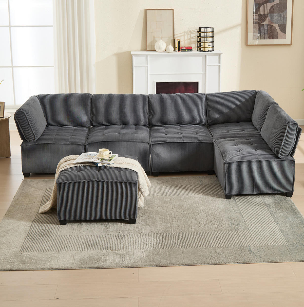 SOFA modular 6-Sitzer 308 x 154 cm Cord Gray - Grau, Kunststoff (154/82/308cm) - Meubliv