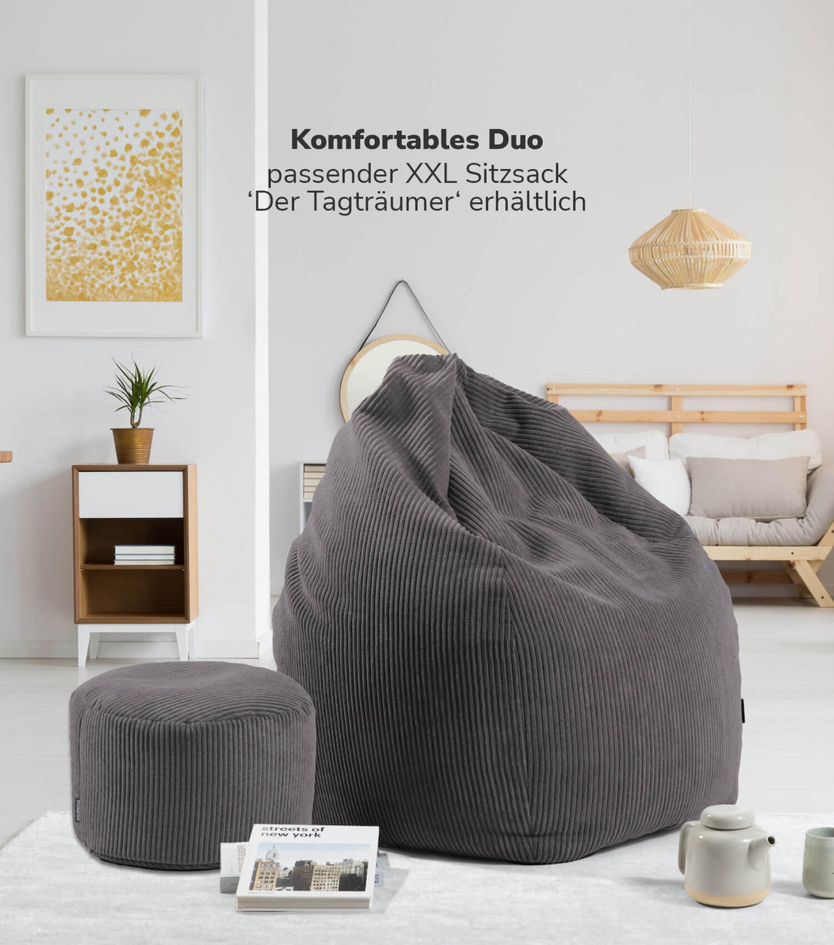 POUF Cord Der Faule Lenz - Anthrazit, Textil (60/40/60cm) - Mokebo