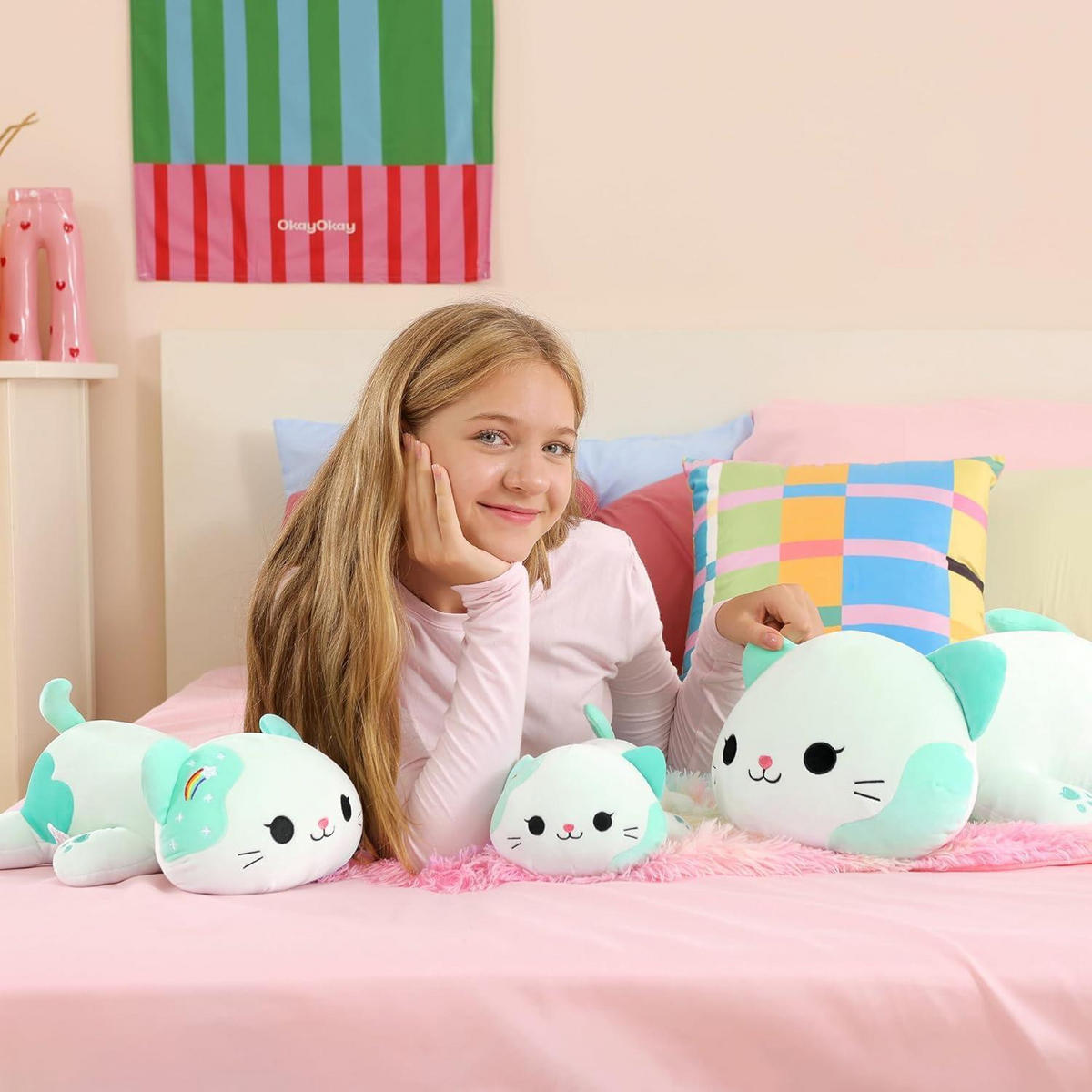 PLÜSCHTIER Katze, Kawaii Kätzchen Plüsch Kissen in türkis - Türkis, Textil (28/50cm)