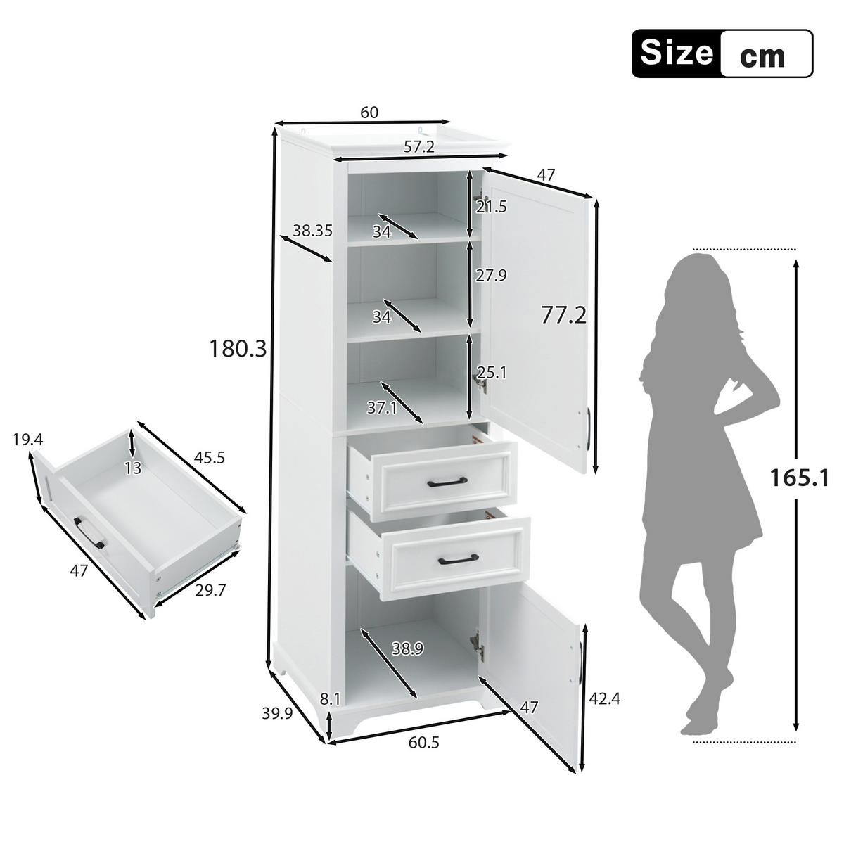 BADEZIMMER-HOCHSCHRANK 60x40x180 cm Weiß aus Holzwerkstoff mit Schränken & Schubladen - Weiß, Holzwerkstoff (60/180/40cm) - Modfu