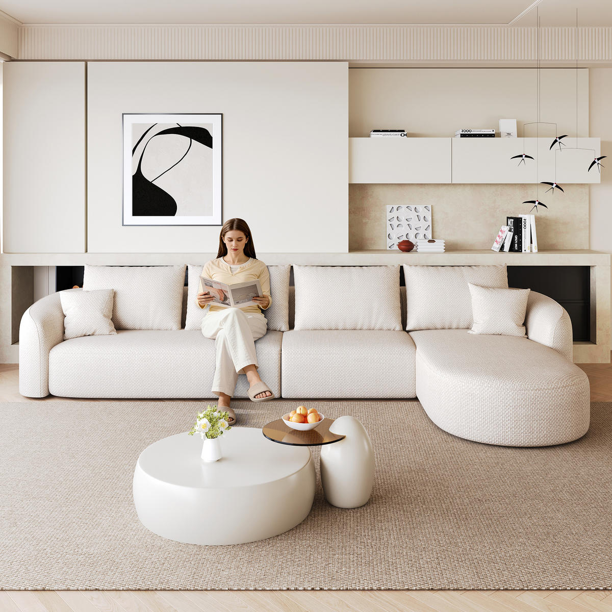 ECKSOFA 336/168/85 cm Weiß Chenille mit Chaiselongue, Rechte Seite - Weiß, Textil (336/168cm) - Oxeza