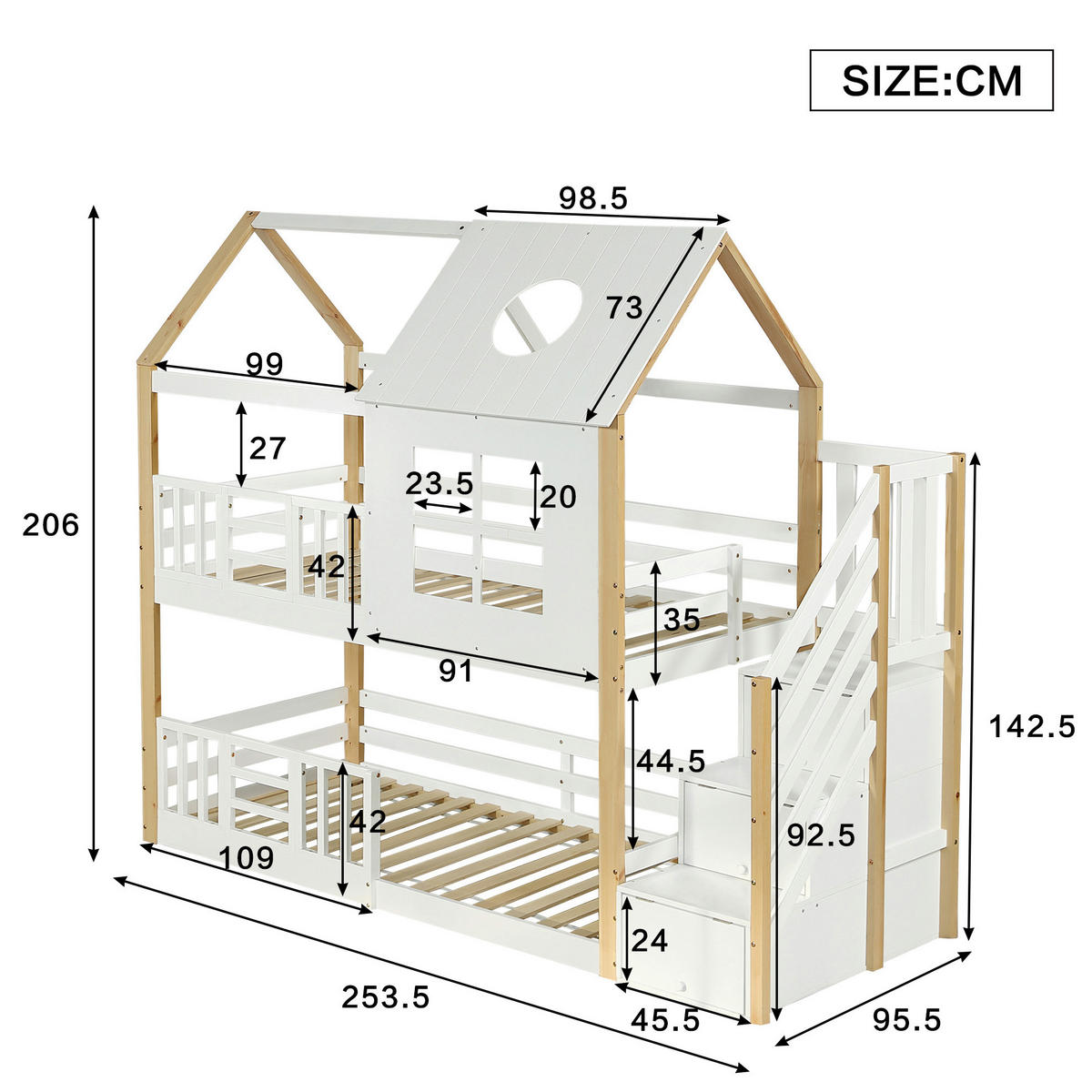 ETAGENBETT aus Kiefer und MDF 90x200 cm Weiß/Natur mit Aufbewahrungstreppe, Fallschutzgitter, Dach und Fenstern - Weiß, Holzwerkstoff (90/200cm) - Modfu