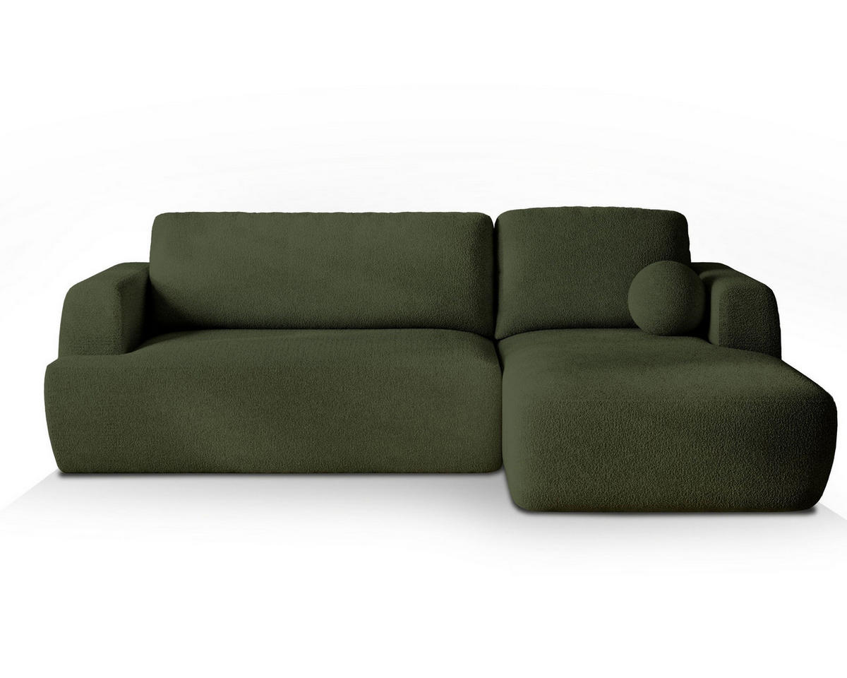 ECKSOFA SENTI N R-S Grün Boucle-Stoff mit Schlaffunktion - Grün, Holz (246/148cm) - MASSENO