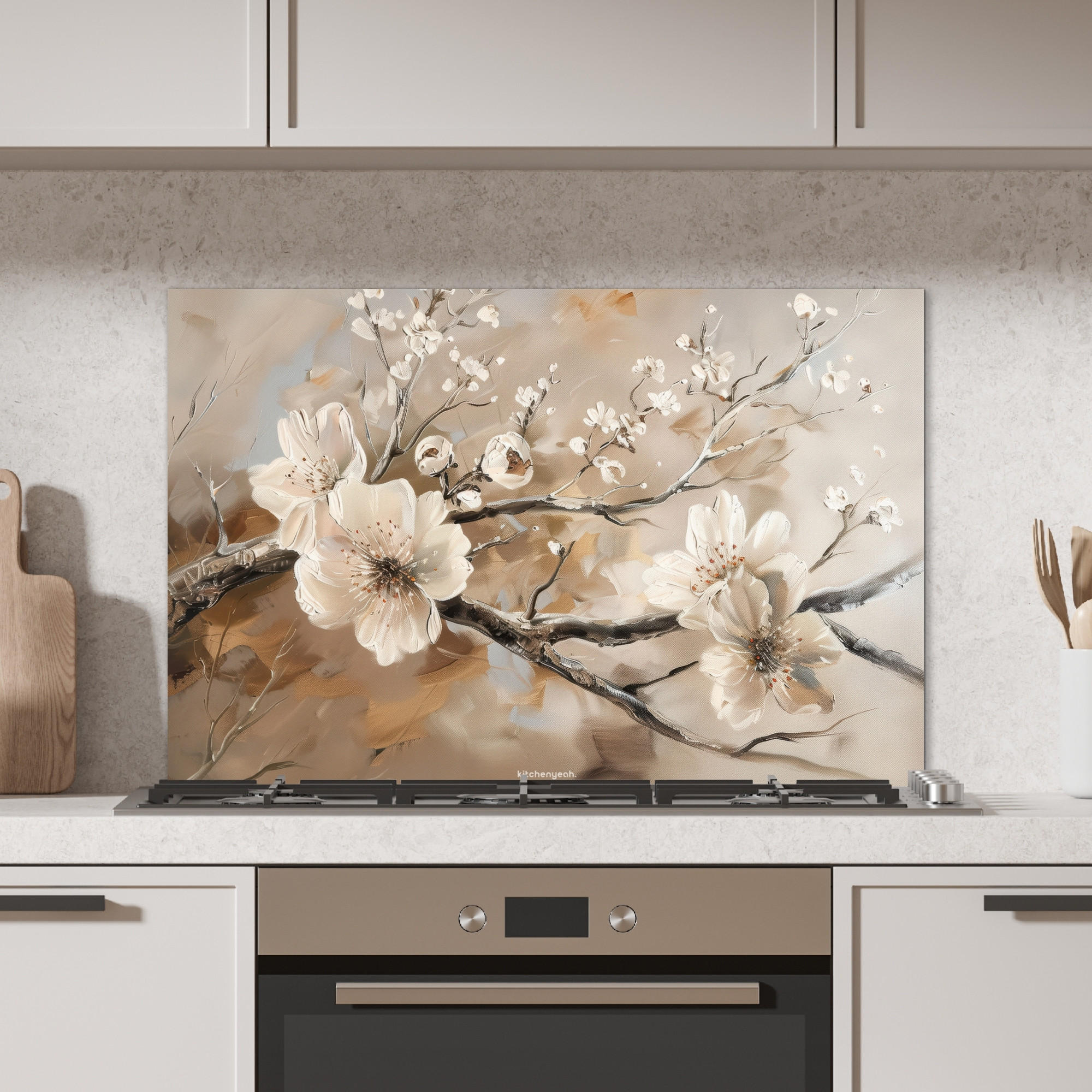 SPRITZSCHUTZ KÜCHE Blumen - Abstrakt - Gemalt - Beige 80x55 cm - Greige, Metall (80/0.3/55cm) - MuchoWow