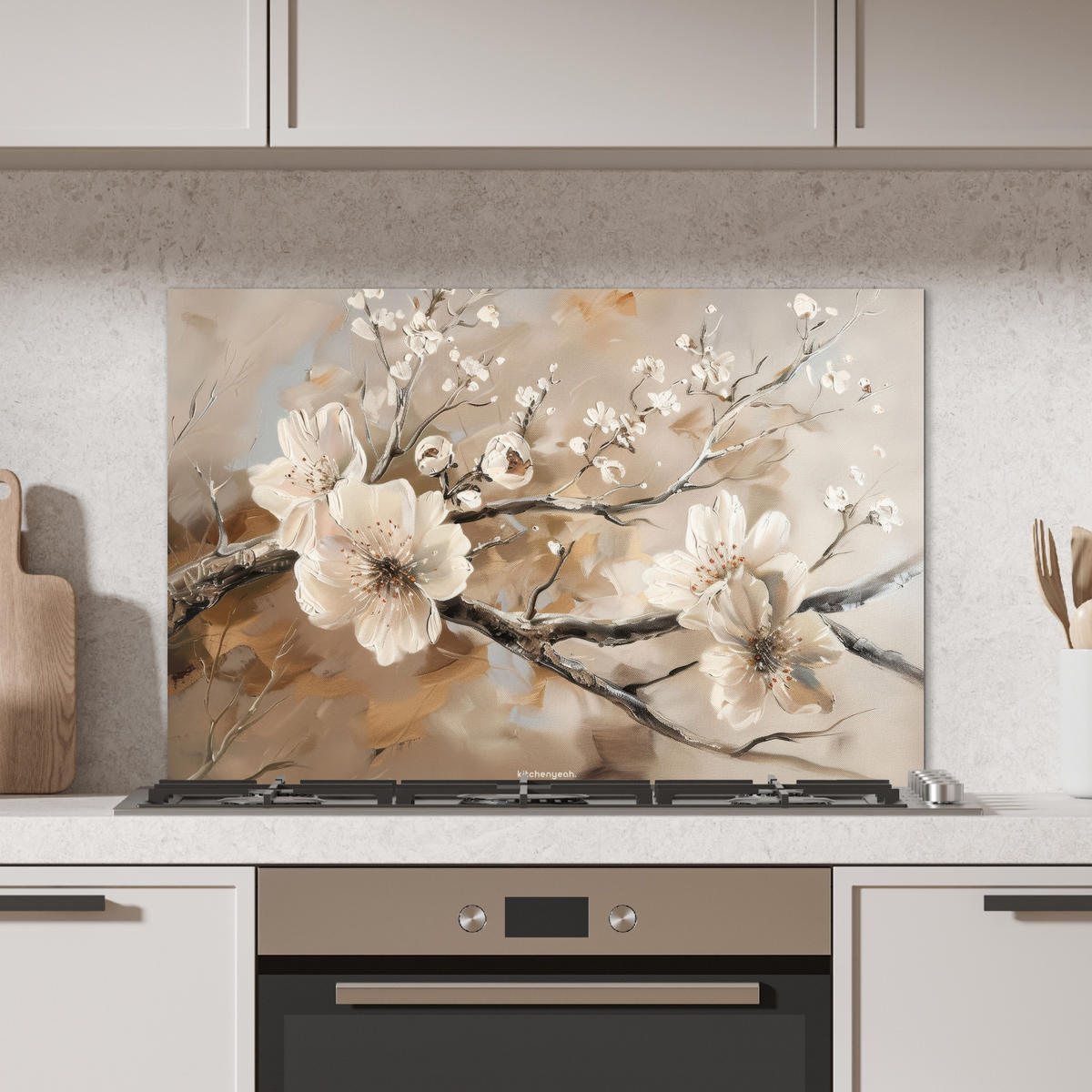 SPRITZSCHUTZ KÜCHE Blumen - Abstrakt - Gemalt - Beige 80x55 cm - Greige, Metall (80/0.3/55cm) - MuchoWow