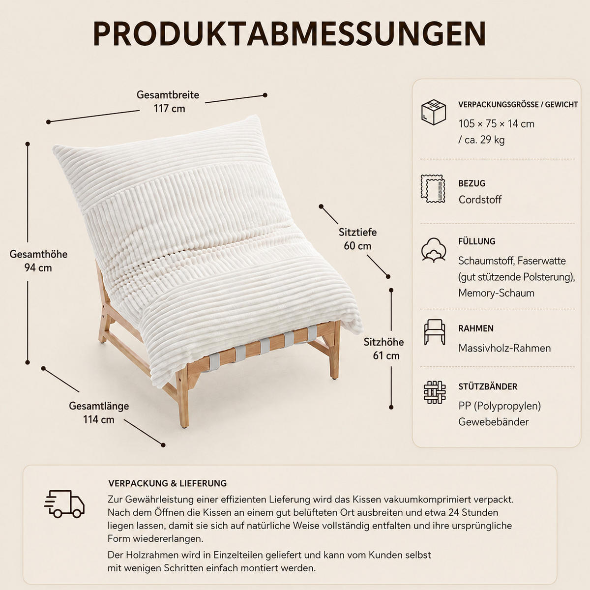 XXL-SESSEL Cord mit Holzrahmen, Breites Kissen, Beige - Beige, Holz/Textil (117/94/114cm) - LVHOM