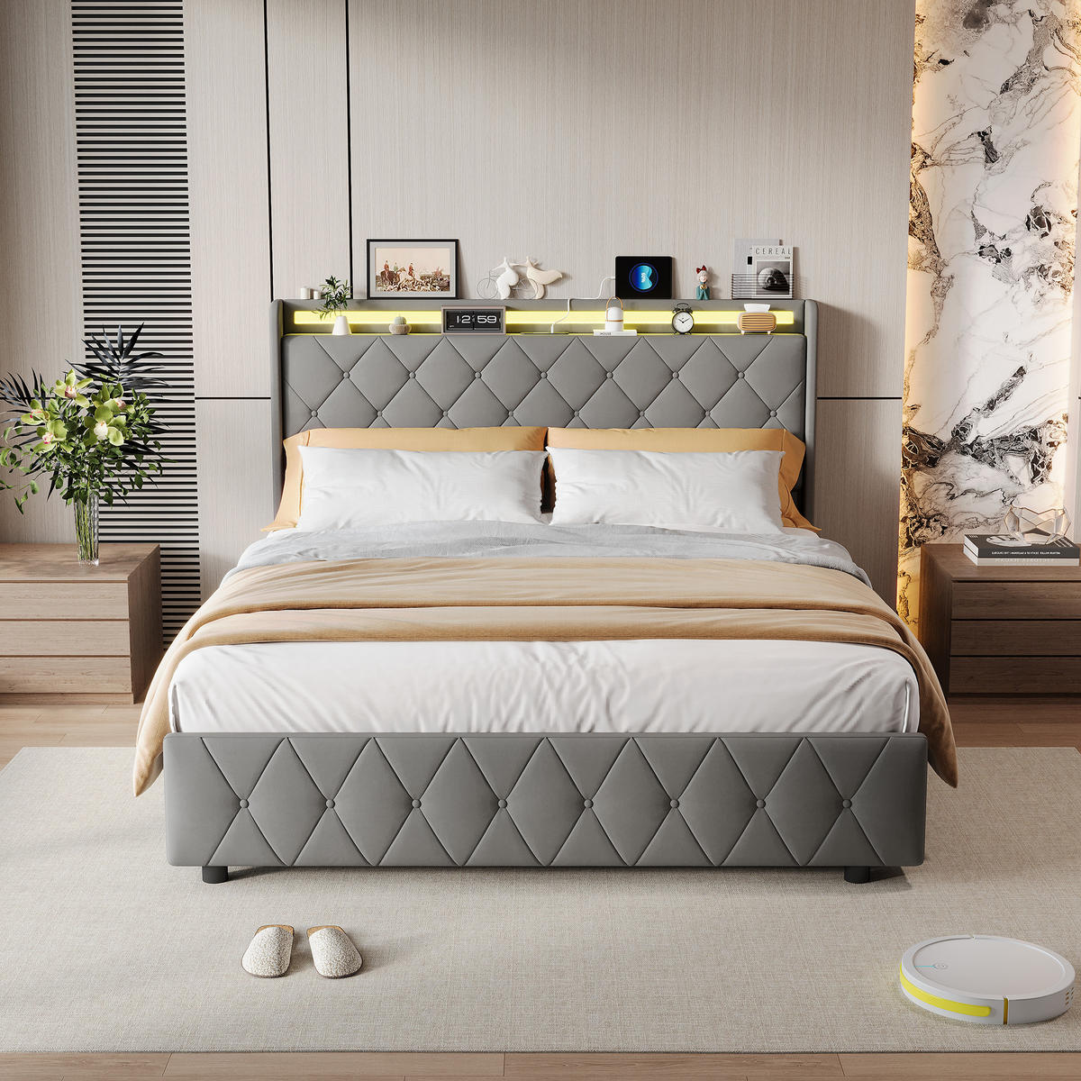 POLSTERBETT 160x200 cm LED USB 2 Schubladen Lattenrost grau - Grau, Holz (160/200cm) - LEBENLANG