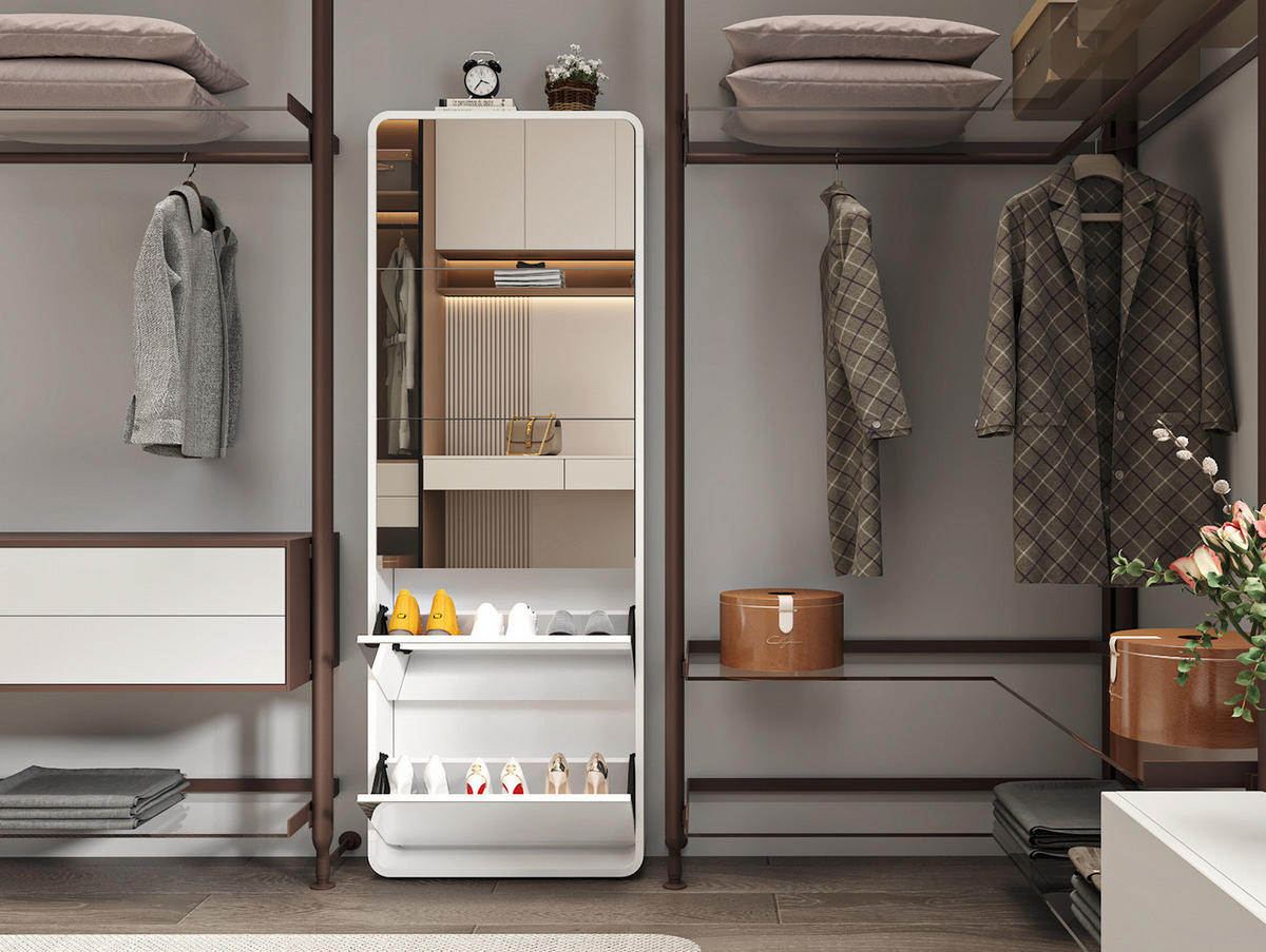 SCHUHSCHRANK aus MDF 176cm in Weiß mit Ganzkörperspiegel - Weiß, Holzwerkstoff (63/176/19.5cm) - Modfu