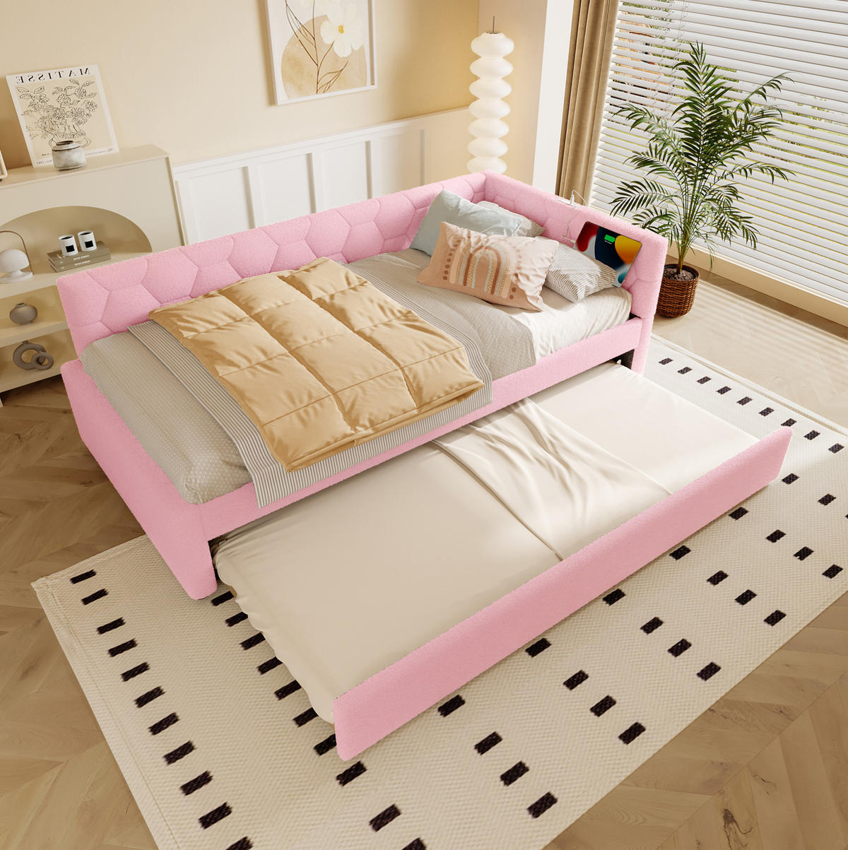 TAGESBETT 90/200 cm Rosa mit Ausziehbett, USB und Typ-C - Rosa, Textil (90/200cm) - MIVRAY