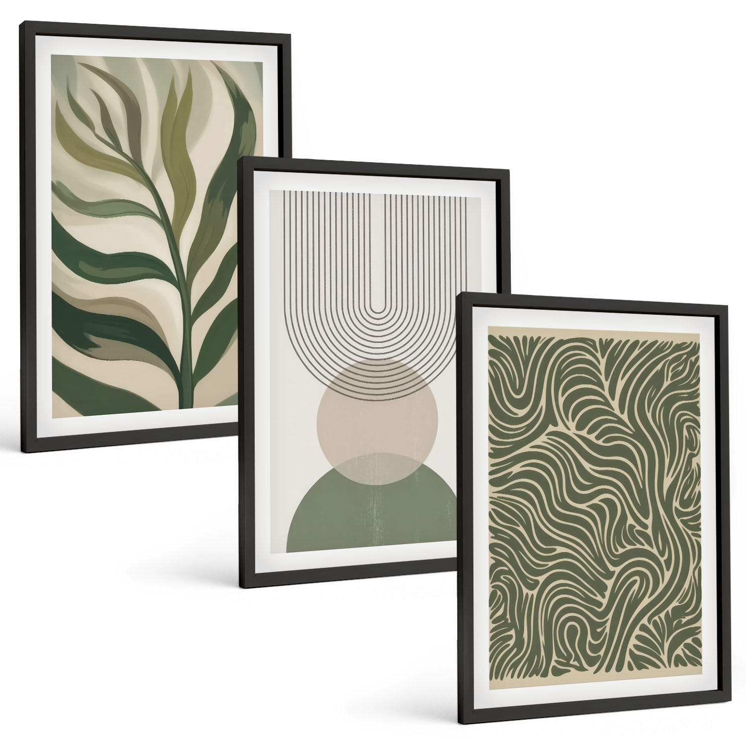 BILDER SET 3er Set - 40x60 cm Schwarzer Rahmen - Geometrische Blattformen - Schwarz, Kunststoff (40/60cm) - TULUP