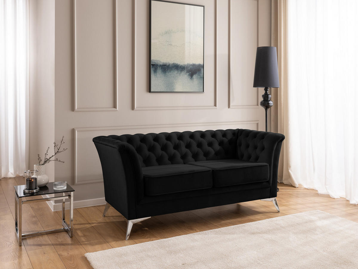 CHESTERFIELD-SOFA 2-sitzer Whitby Schwarz Samt mit silbernen Füßen - Silberfarben/Schwarz, Holz/Textil (175/78/82cm) - S-Style Möbel