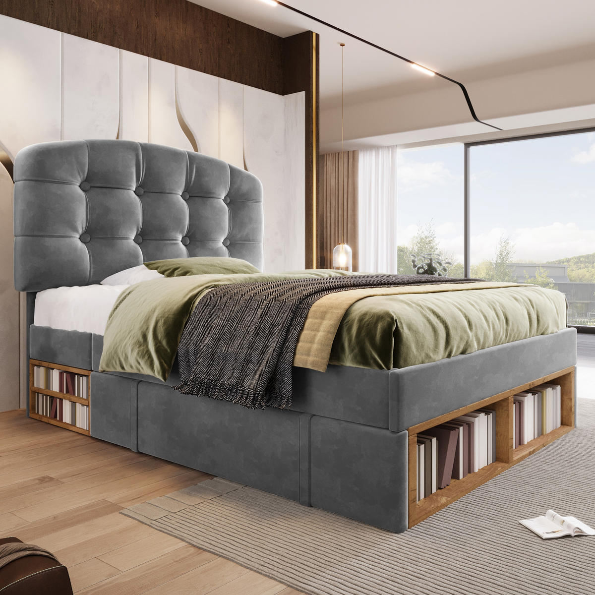 POLSTERBETT 90/200 cm in Grau Samt mit Schubladen, Regal und verstellbarem Kopfteil - Beige/Grau, Holzwerkstoff/Textil (90/200cm) - STILVORA