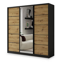 SCHWEBETÜRENSCHRANK NATA 200/205/58 cm 3-türig mit Spiegel und 4 Schubladen Schwarz - Schwarz/Eiche Artisan, Holzwerkstoff (200/205/58cm) - MASSENO