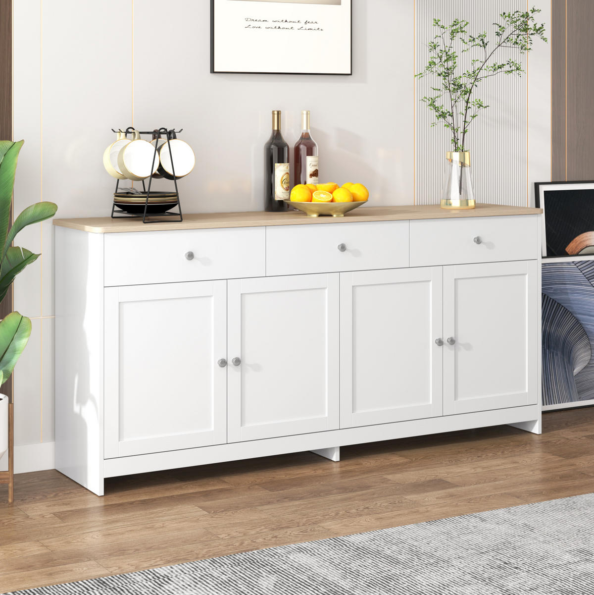 SIDEBOARD 160/37/75 cm weiß/Holzfarbe aus MDF und Holzwerkstoff mit 3 Schubladen - Weiß, Holzwerkstoff (160/75/37cm) - OKWISH