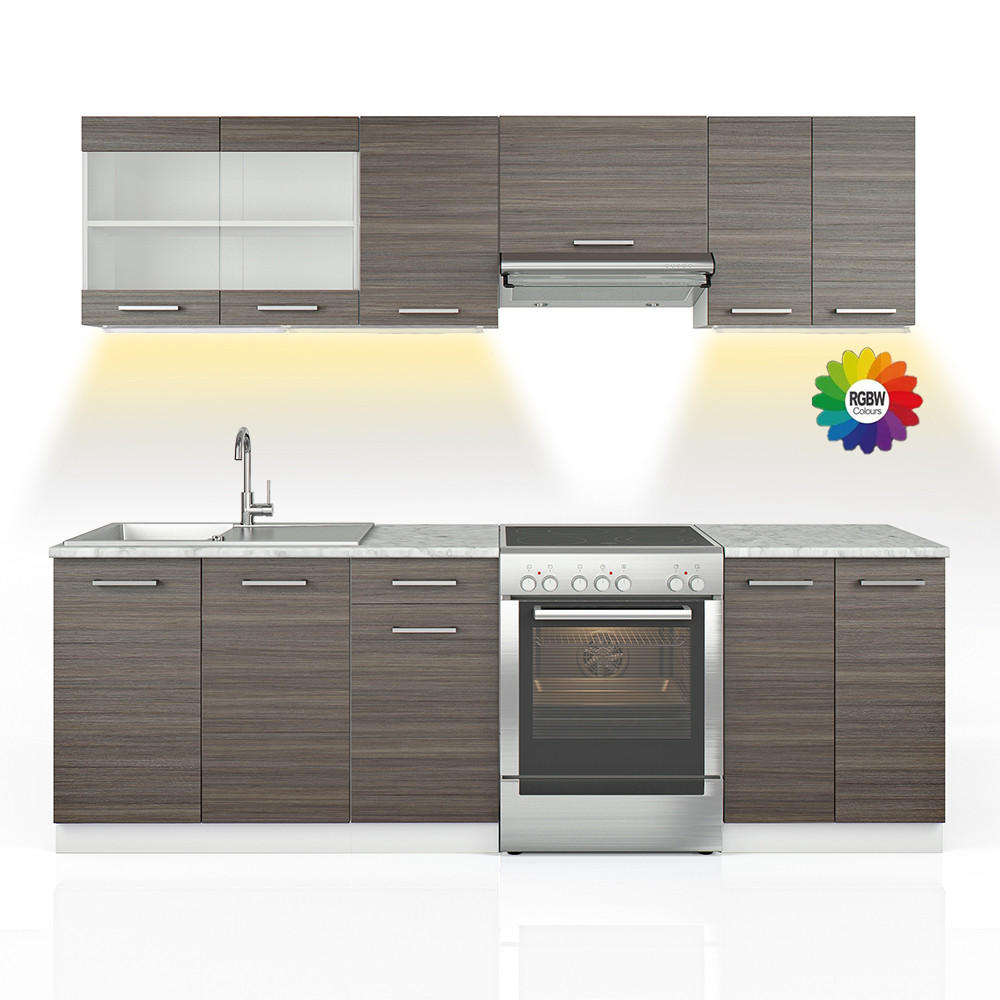 Vicco KUCHYŇSKÁ LINKA R-Line, Ušlechtilá šedá/Bílá, 240 cm S pracovní deskou s páskem LED