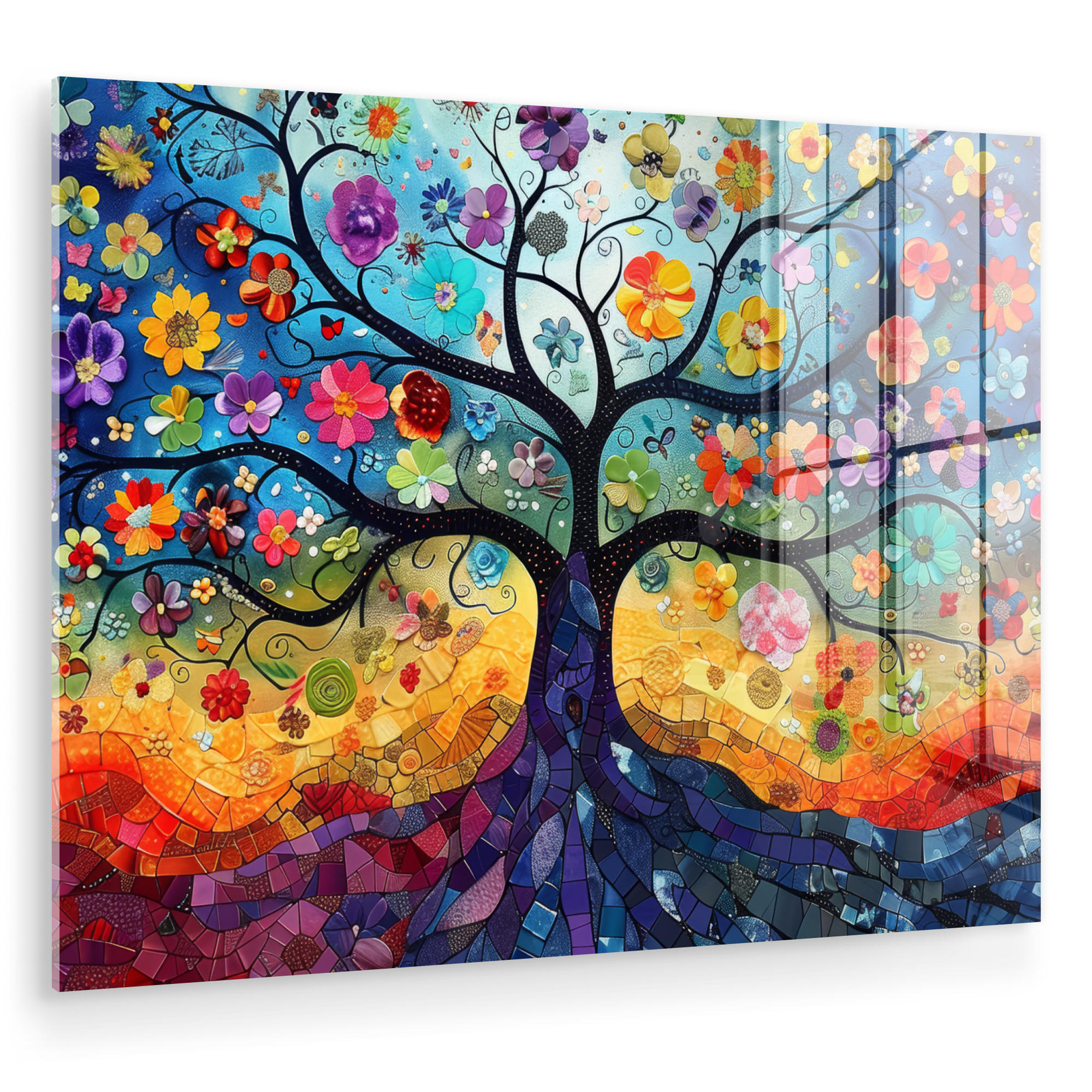 ACRYLGLASBILD Kunst - Baum des Lebens - Blumen - Hippie 80x60 cm - Dunkelblau, Glas (80/60cm) - MuchoWow