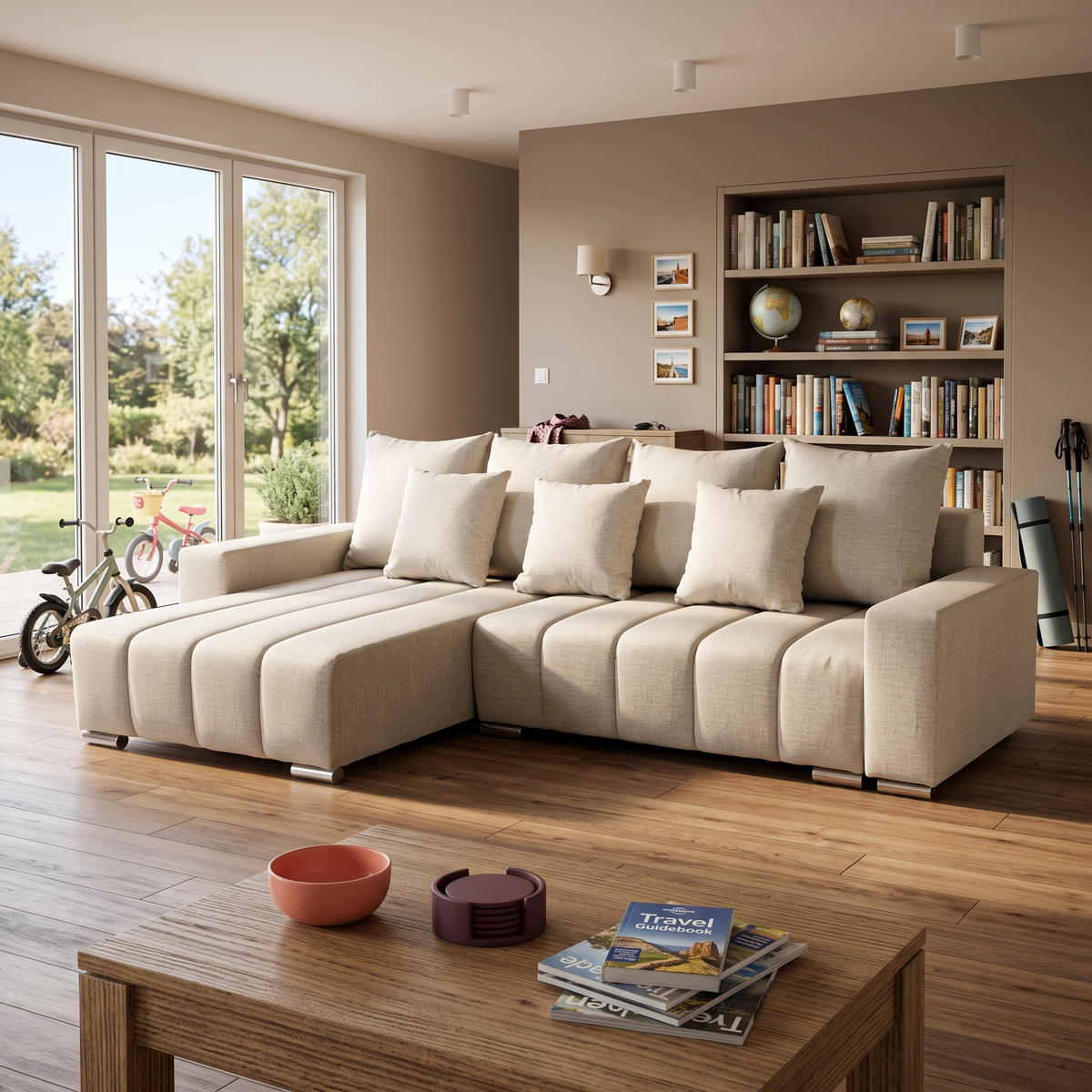 ECKSOFA Piano L Links mit Schlaffunktion 137x234 Velours Creme - Silberfarben/Creme, Holz/Textil (278/178cm) - Muffo