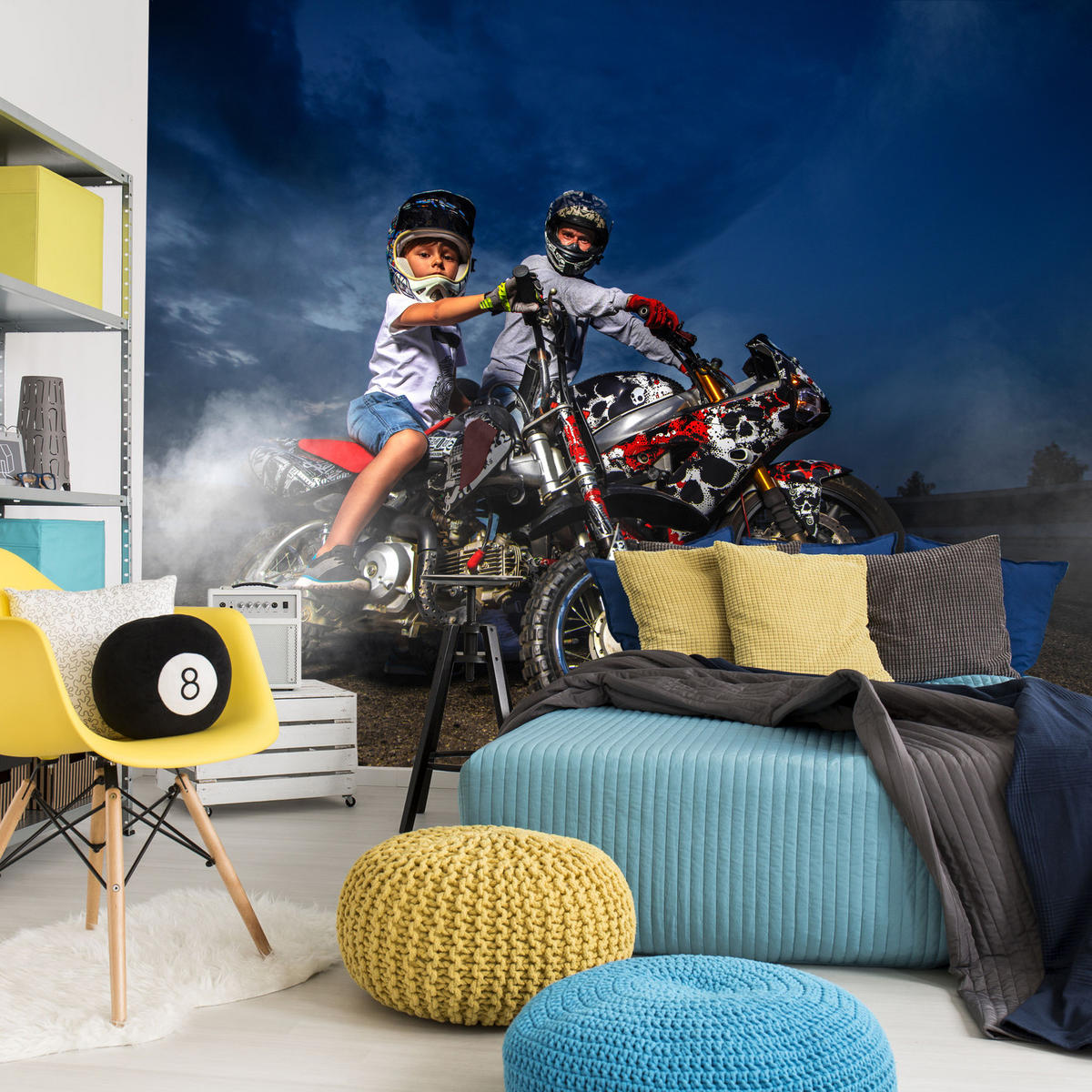 FOTOTAPETE für Schlafzimmer Vater Sohn Motorräder Action 450x315 - Rot/Schwarz, Papier (450/315cm) - Muralo