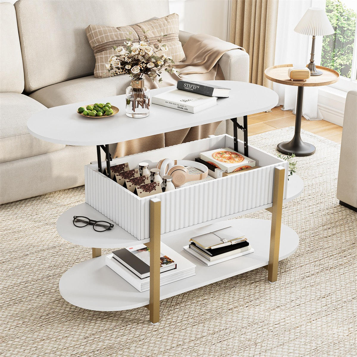 COUCHTISCH - Höhenverstellbarer Couchtisch - Ovaler Lift-Top Tisch mit Stauraum und Goldbeinen - Weiß - Weiß, Holzwerkstoff (45/106/50cm) - DELFA