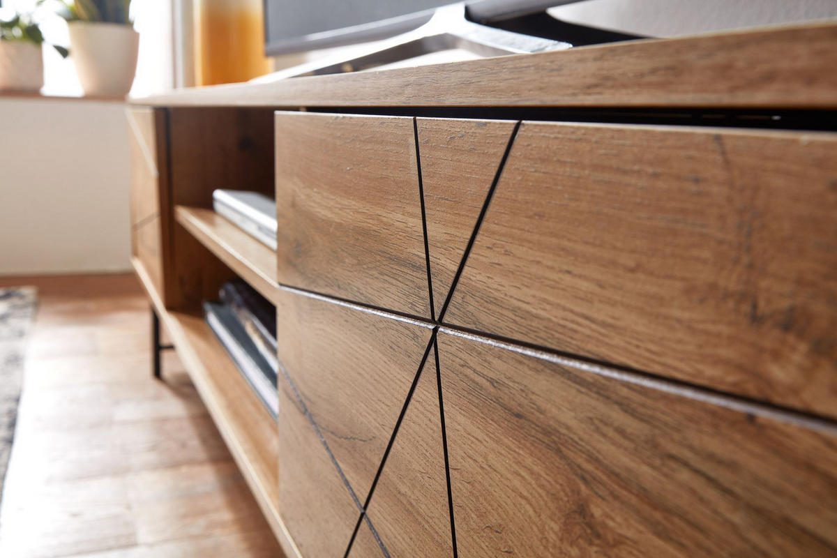 LOWBOARD Eiche-Dekor Modern Stil 160 cm Breit mit Linienmuster - Schwarz/Braun, Holz/Metall (160/45/40cm) - KADIMA DESIGN