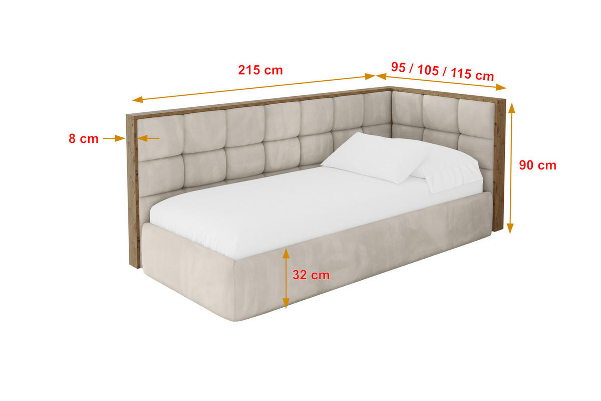 EINZELLBETT Jugendbett mit Bettkasten und Matratze H3/H4, Links - SOVY 90x200 Beige - Ecru, Holzwerkstoff/Textil (90/200cm) - ALTDECOR