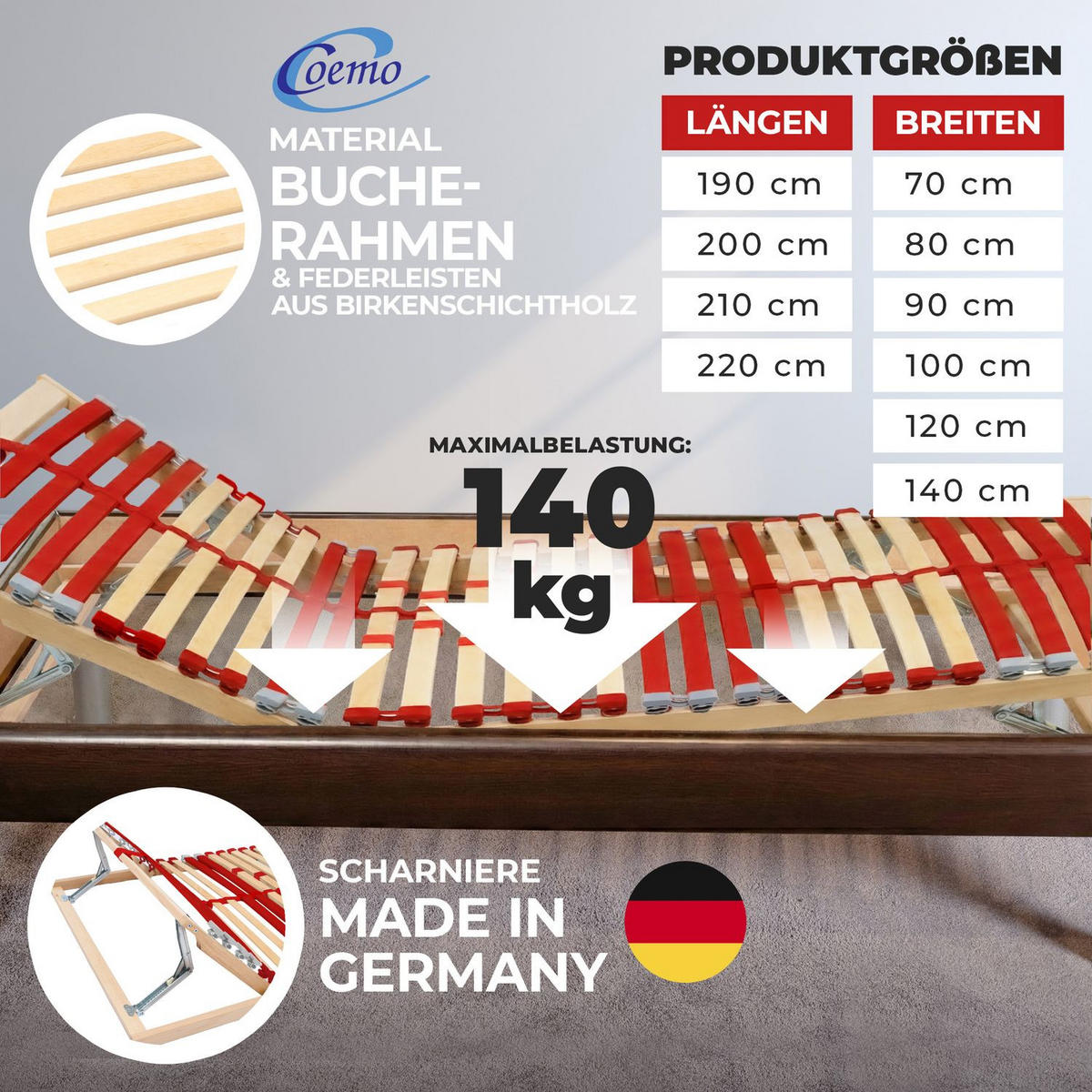 LATTENROST "RUBY" 90x200 cm mit Kopf- & Fußteilverstellung 28 Leisten - Naturfarben, Holz (90/200cm) - Coemo