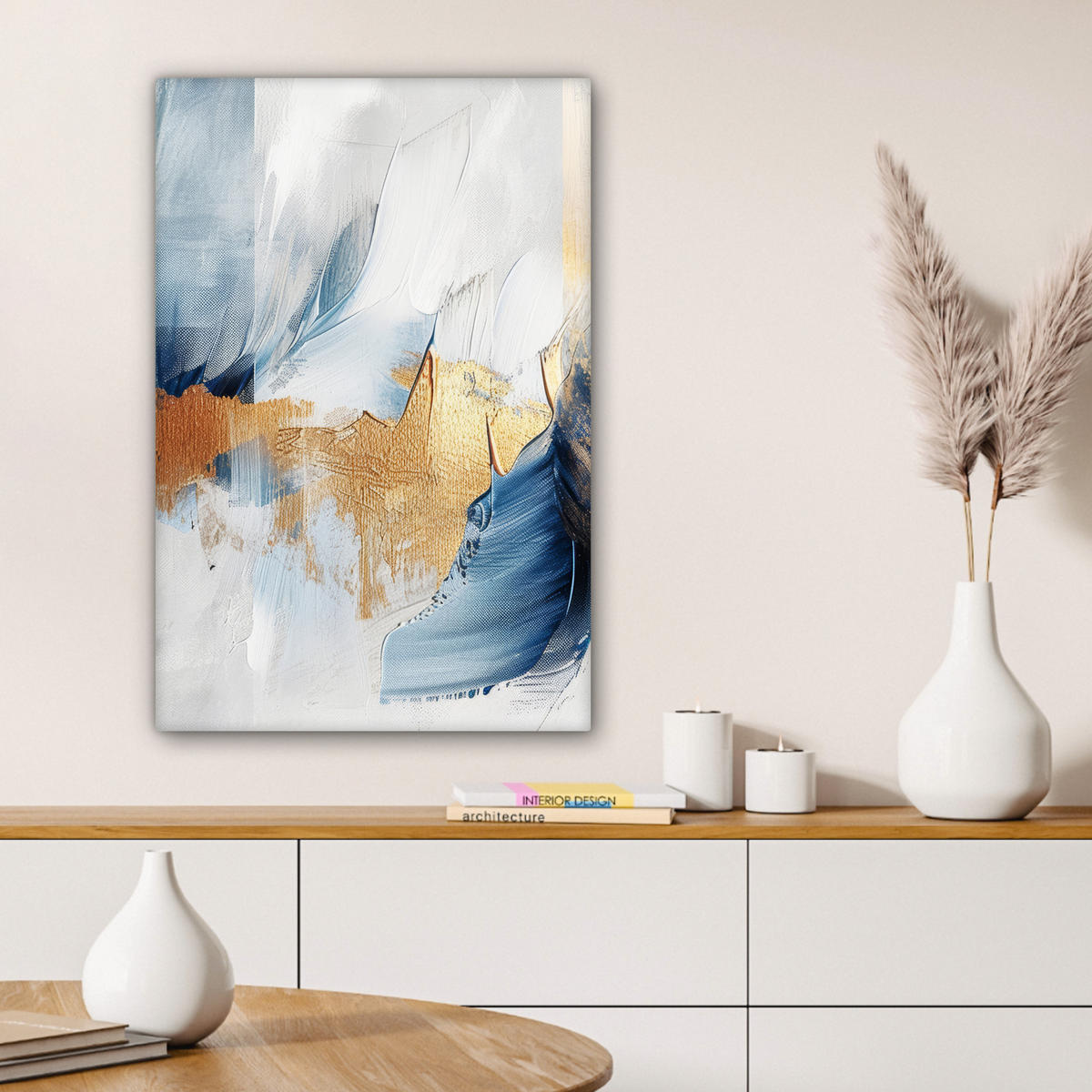 LEINWANDBILD Gold - Blau - Aquarell - Kunst - Modern Wanddeko 40x60 cm - Hellblau, Textil (40/60cm) - MuchoWow