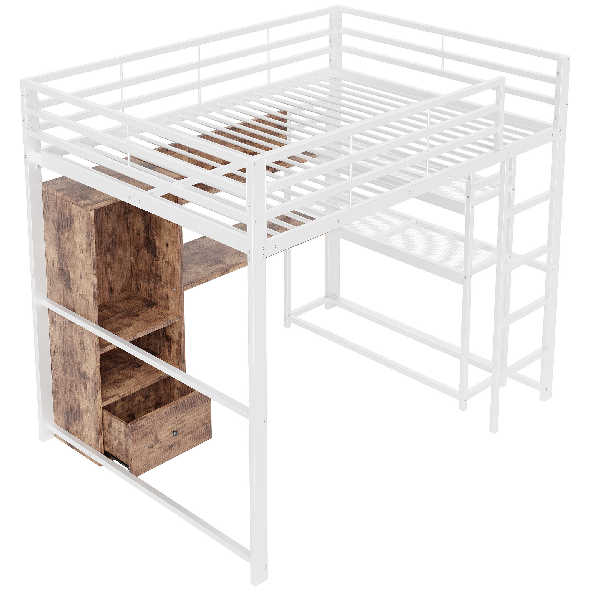 STILVORA HOCHBETT 140/200 cm in Weiß mit Schreibtisch, 1 Schublade, Regal und LED Metallbett