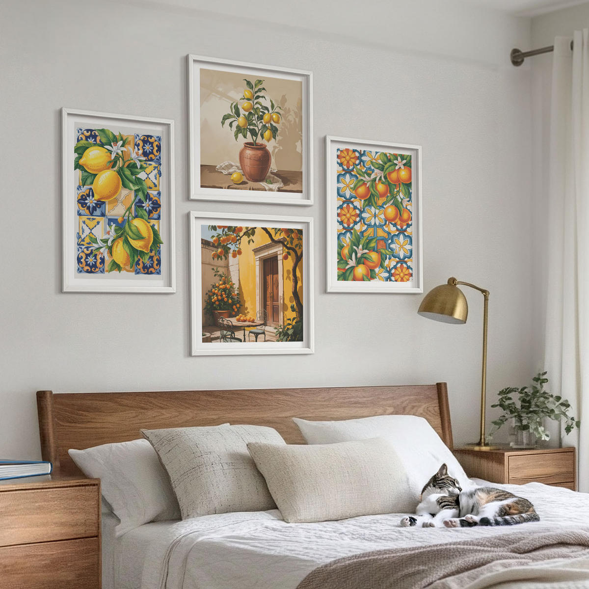WANDBILDER 4er-Set - 50x50 cm & 40x60 cm Weißer Rahmen - Zitronenorange Blütenmuster - Weiß, Kunststoff (50/50cm) - ArtPrintCave