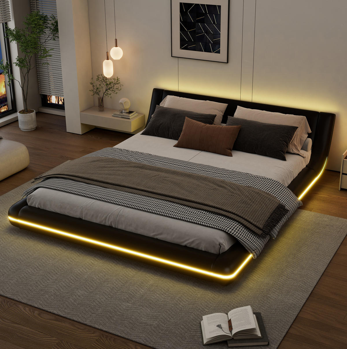 FLACHBETT 160/200 cm Schwarz mit LED-Umgebungslicht aus PU - Schwarz, Kunststoff (160/200cm) - OKWISH