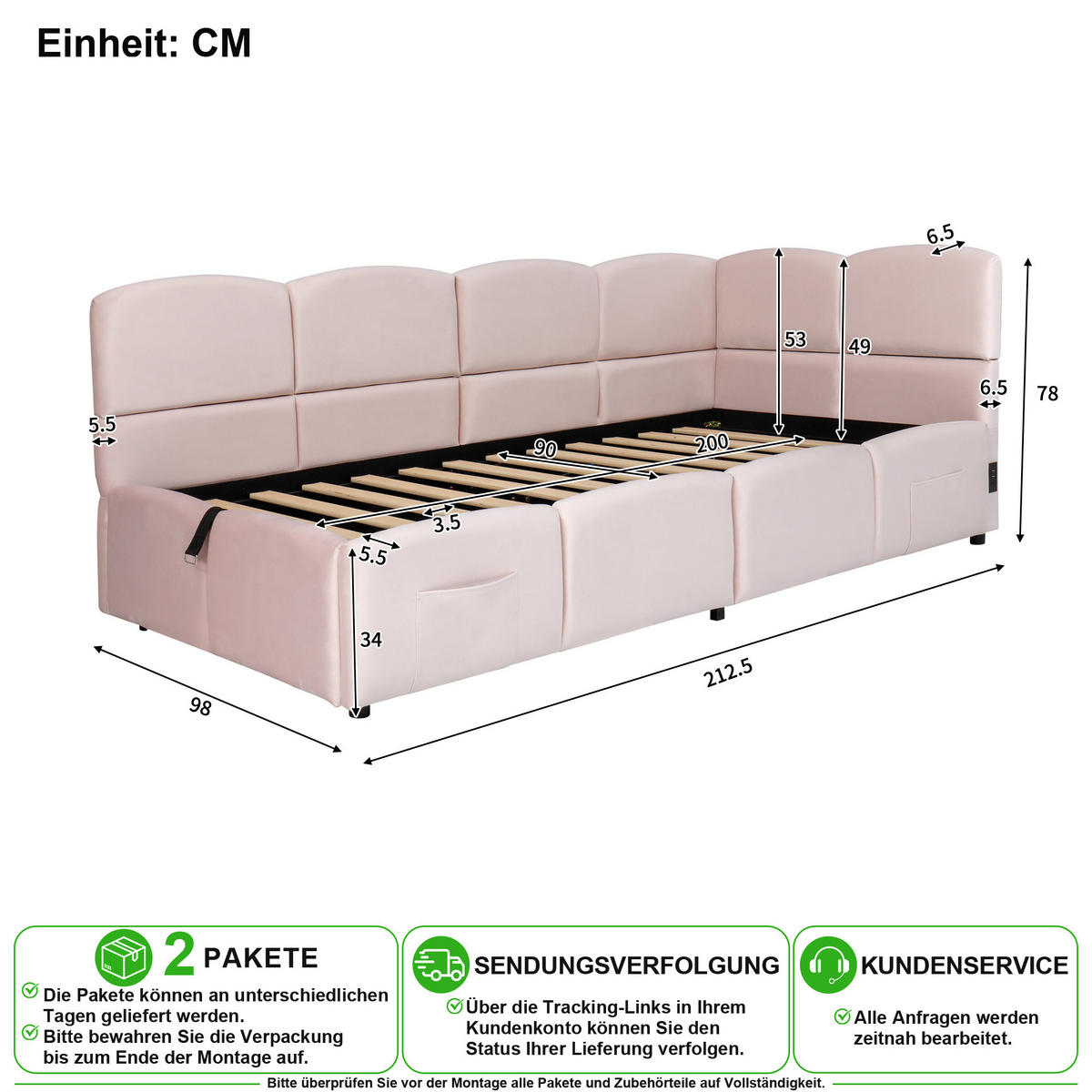 SCHLAFSOFA 90/200 cm in Rosa Samt mit Stauraum, USB und Stautasche - Rosa, Holzwerkstoff/Textil (90/200cm) - CHICFURN