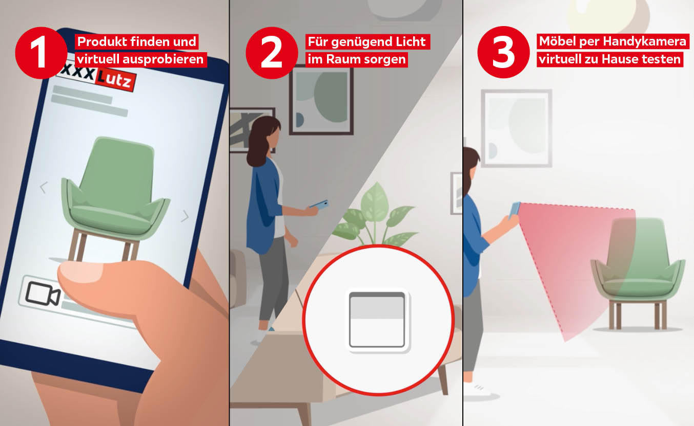 1. Produkt finden und virtuell ausprobieren 2. Für genügend Licht im Raum sorgen 3. Möbel per Handykamera virtuell zu Hause testen