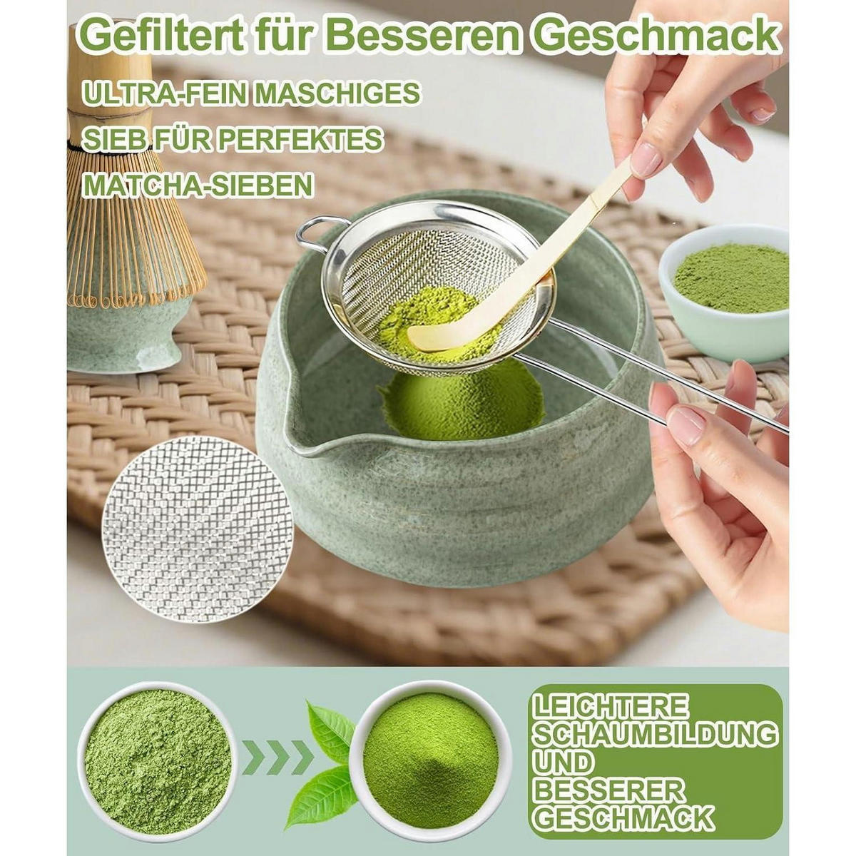 MATCHA Set 7-teiliges Set mit Schale und Bambusbesen - Grün, Keramik (15/10/15cm)
