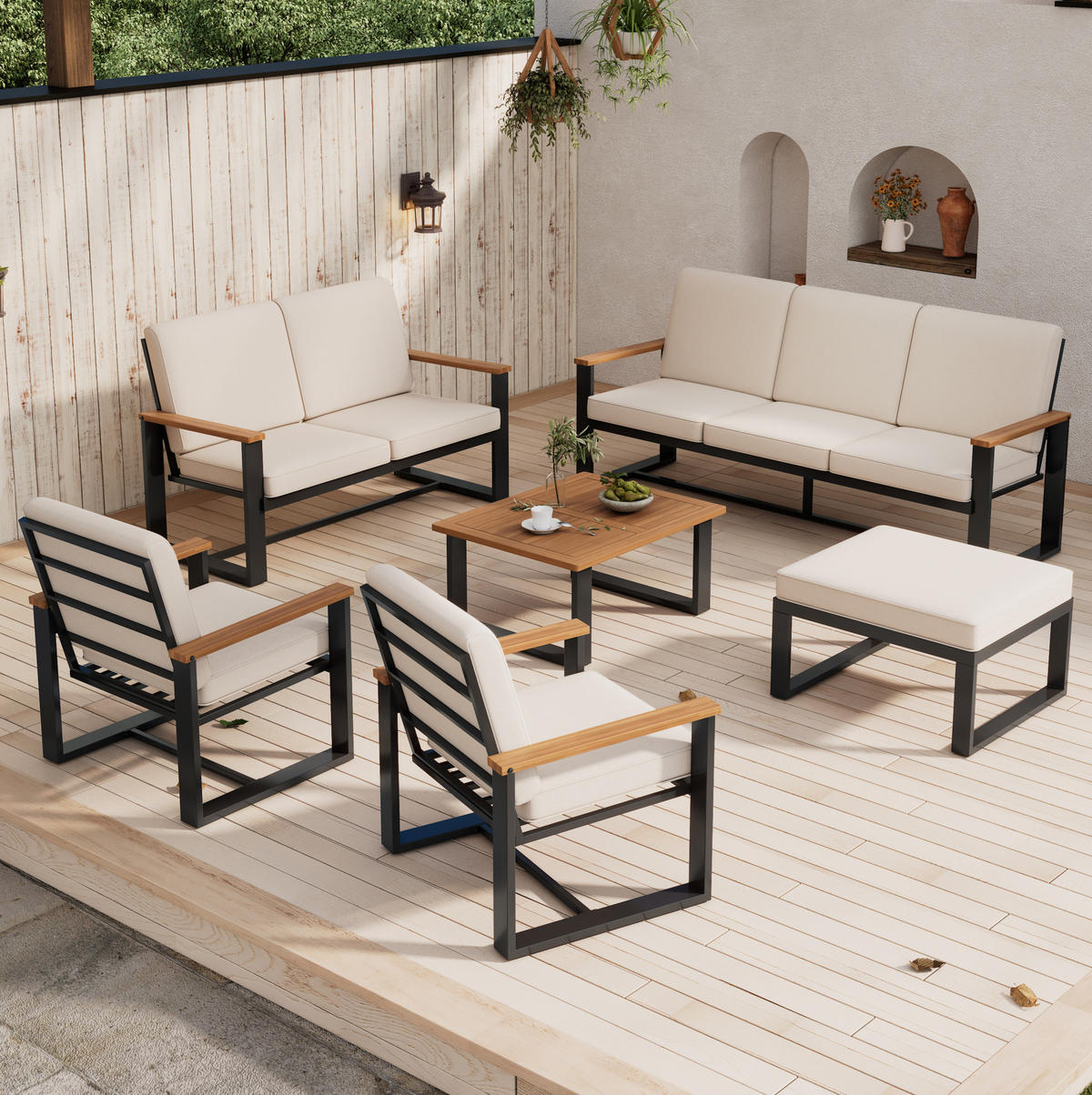 GARTENSET aus Akazie und verzinktem Stahl Beige mit 3-Sitzer, 2-Sitzer, 2 Sesseln, Couchtisch und Hocker - Beige, Metall - Modfu