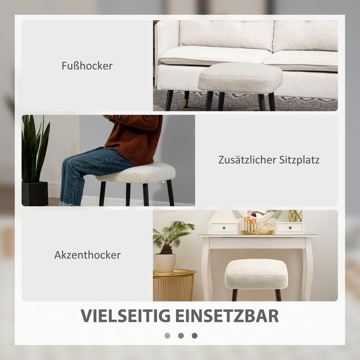 FUSSHOCKER Sitzhocker Quadratischer Schminkhocker mit Kaschmir-Optik, Stahlbeine - Hellgrau, Kunststoff (42/44/42cm) - HOMCOM
