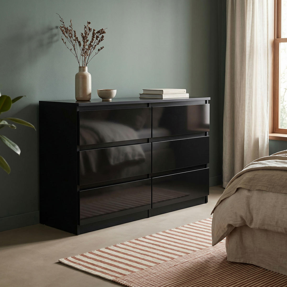 KOMMODE NUDO 138,5/78,5/39cm mit 6 Schubladen Türen Schwarz - Schwarz Hochglanz/Schwarz, Holzwerkstoff (138.5/78.5/39cm) - MASSENO