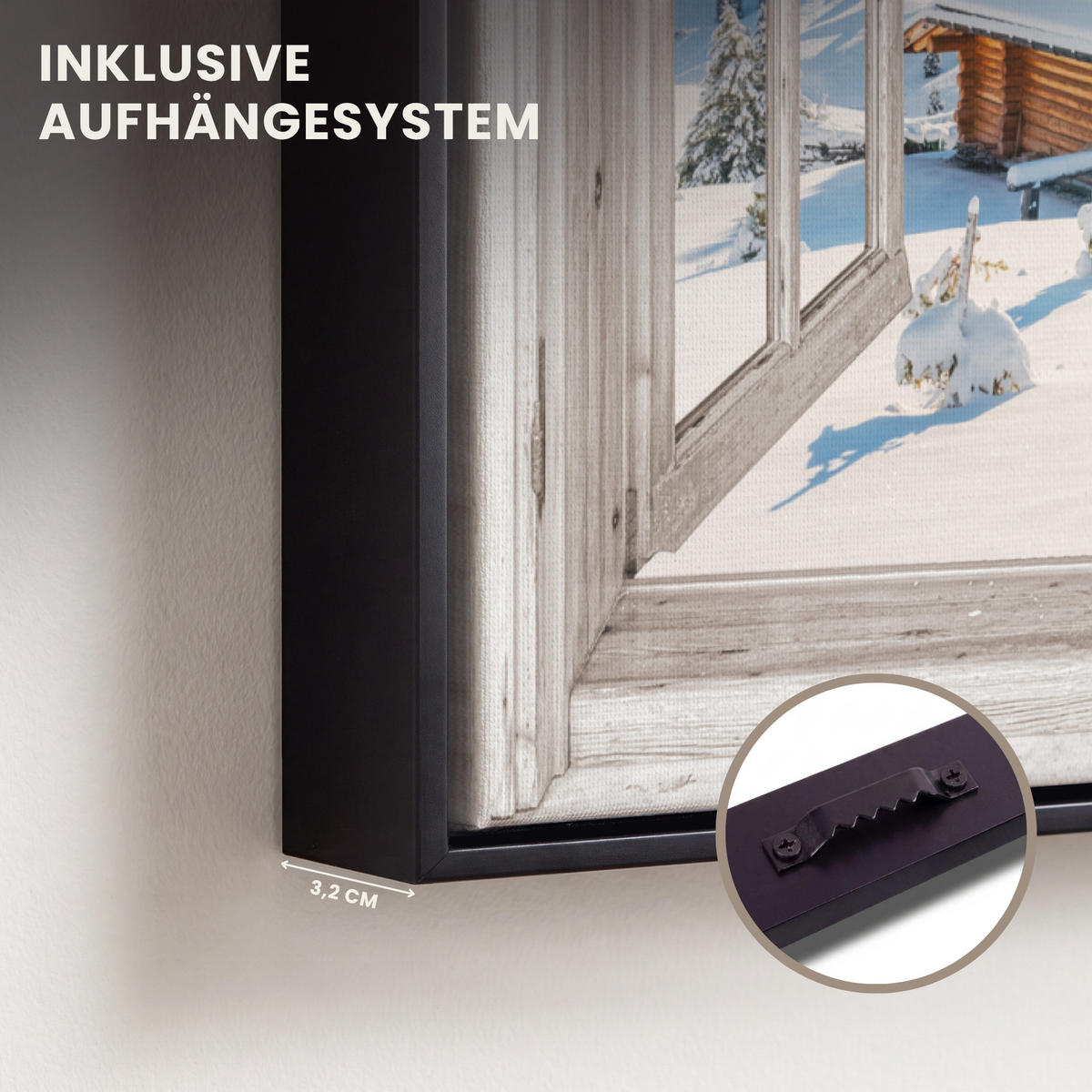 LEINWAND Bilder mit Rahmen - Winterlandschaft - Hütte - Berge - Ausblicke - Aussicht - Natur - 40x60 - Weiß Hochglanz, Textil (40/60cm) - MuchoWow