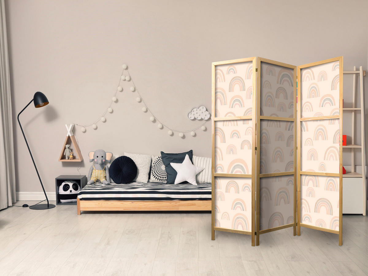 PARAVENT Japanischer 3-tlg 135x172 cm Regenb gen f r Kinder - Beige, Holz/Textil (135/172/3cm) - Muralo