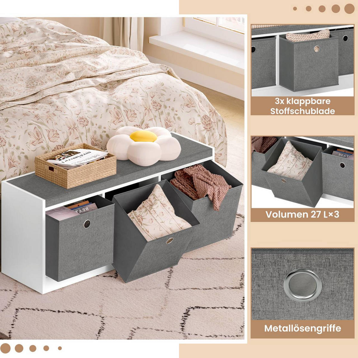SITZBANK mit 3 Stoffschubladen, Weiß Grau - Weiß/Grau, Holzwerkstoff/Kunststoff (102/45.5/32cm) - Woltu