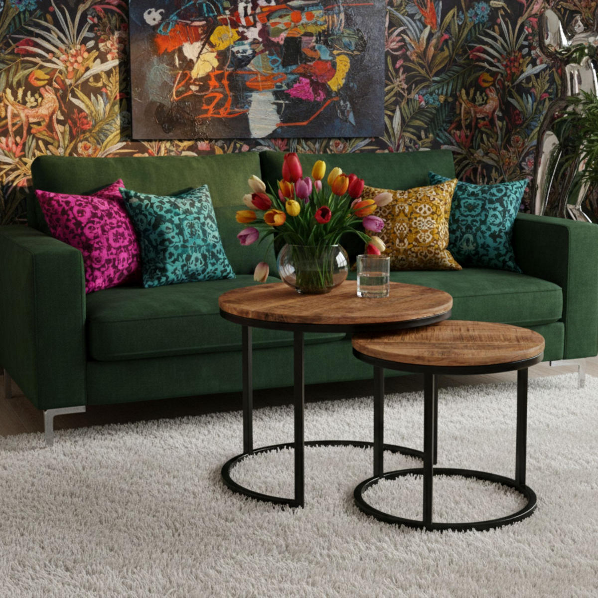 COUCHTISCH rund 2er Set Fermo Mangoholz - Schwarz/Braun, Naturmaterialien/Metall (58/58/45cm) - Mr. Deko