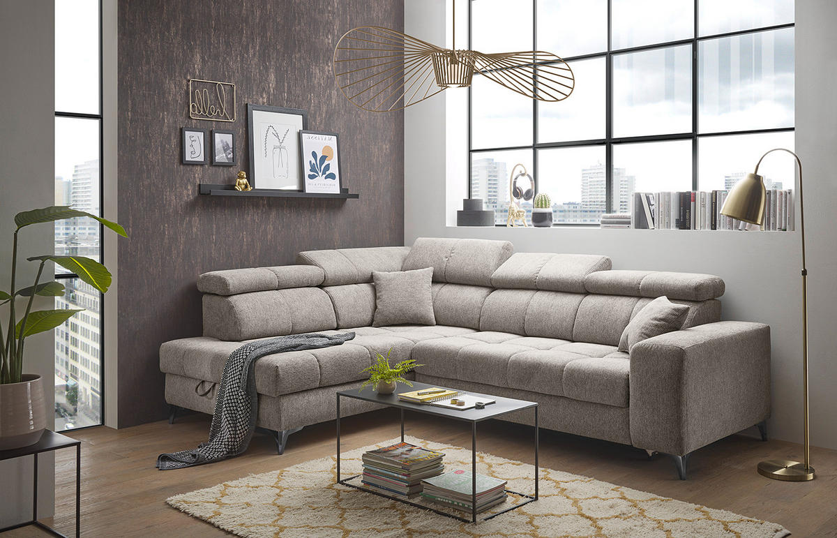 ECKSOFA mit Schlaffunktion - Webstoff - Taupe/Schwarz, Kunststoff/Textil (282/198cm) - home24