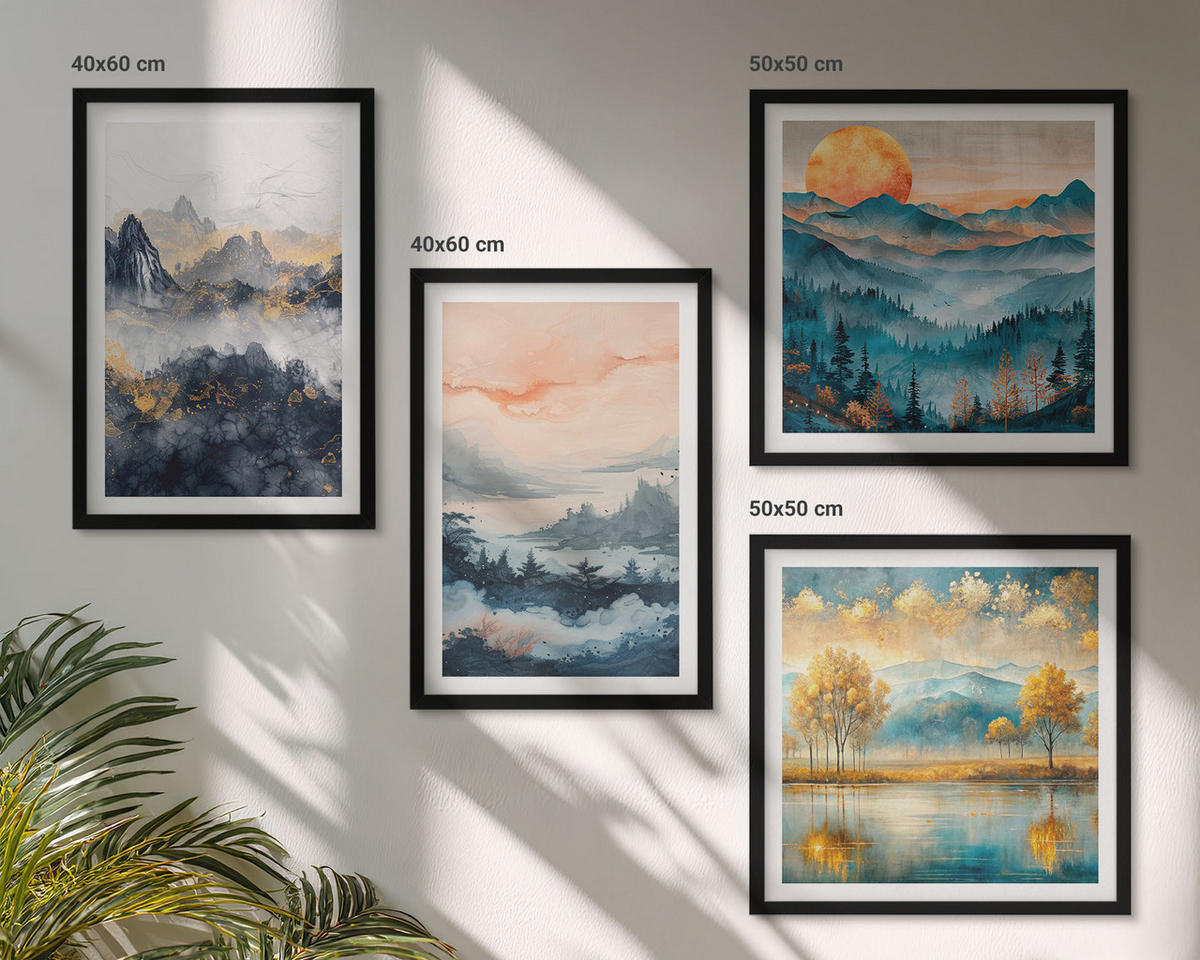 BILDER SET 4er Set - 50x50 cm & 40x60 cm Schwarzer Rahmen - Gemalte Abstraktionen der Natur - Schwarz, Kunststoff (50/50cm) - TULUP