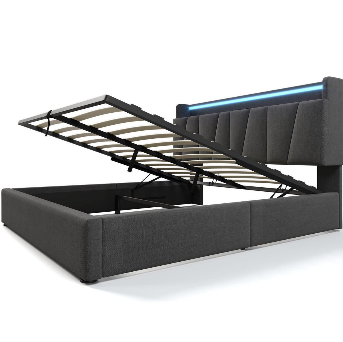 POLSTERBETT 140/200 cm grau mit Stauraum-Kopfteil und LED-Beleuchtung - Grau, Textil (140/200cm) - OKWISH