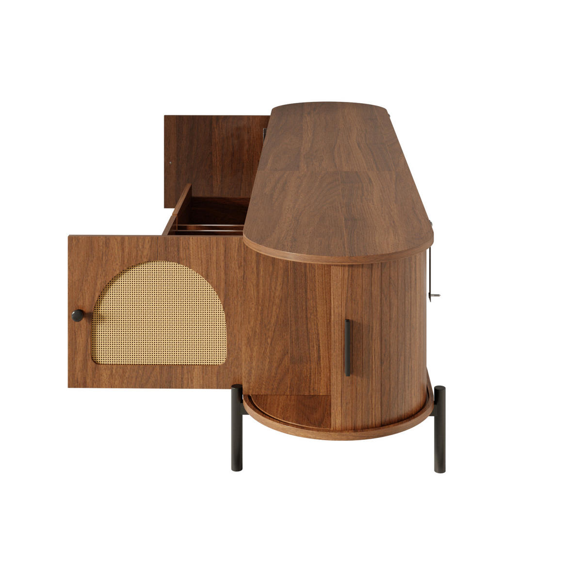 TV-LOWBOARD oval 200 x 40 x 49,5 cm aus MDF, Rattanoptik, Schiebetüren, Schubladen, Walnuss - Walnussfarben, Holzwerkstoff (200/49/40cm)