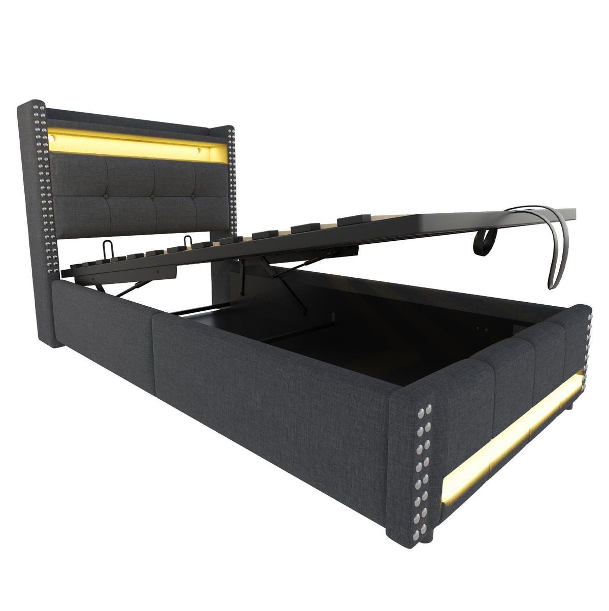 POLNJENA postelja iz leinen tkanine 90x200 cm siva z LED osvetlitvijo, USB priključkom in hidravličnim shranjevalnim prostorom - siva, tekstil (90/200cm) - Modfu