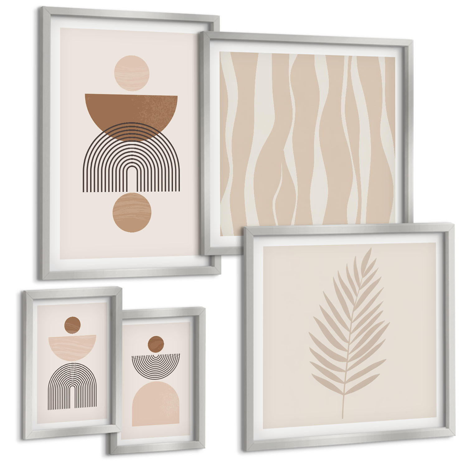 BILDER SET 5er Set - 50x50 cm & 20x30 cm & 40x60 cm Silberner Rahmen - Abstrakte Formen braun beige - Silberfarben, Kunststoff (40/60cm) - TULUP