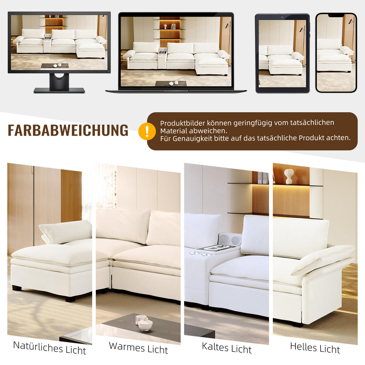 4-SITZER ECKSOFA Chenille Beige mit Stauraum, LED und Bluetooth-Lautsprechern - Beige, Holzwerkstoff/Textil (315/70cm) - WISHDOR