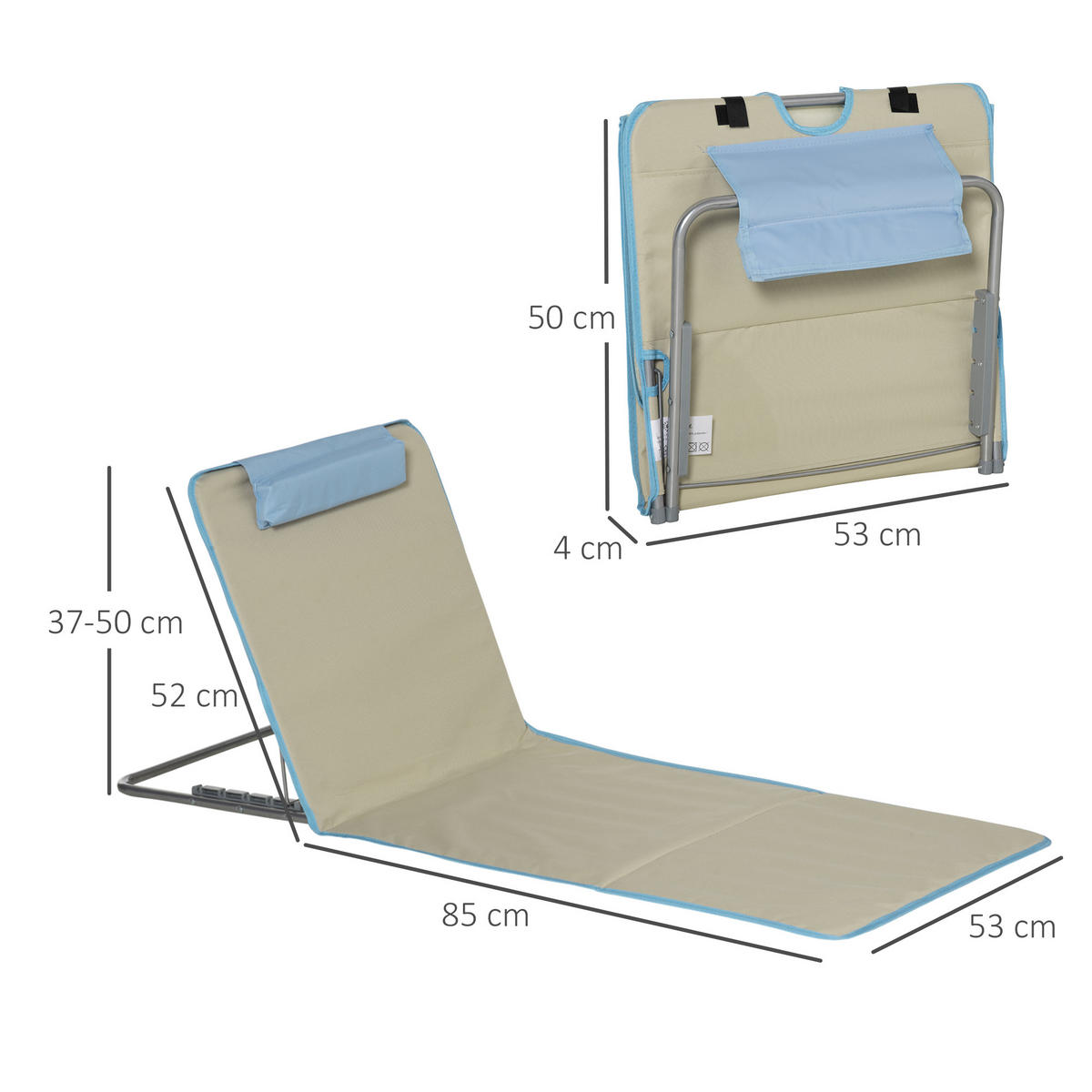 STRANDSTUHL mit verstellbarer Kopfstütze, Klappstuhl, beige-blaue Farbgebung - Beige, Metall (53/45/124cm) - Vallsero