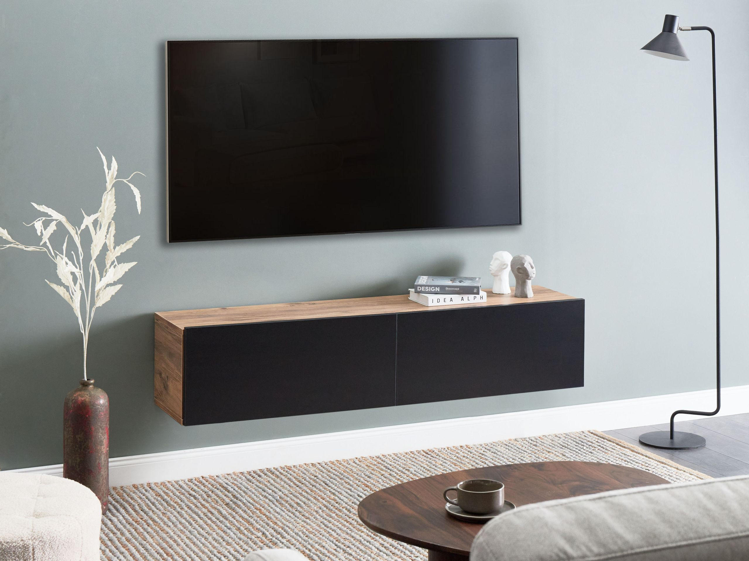 WANDMONTIERTER-TV-SCHRANK Schwarz/Braun Gladstone - Schwarz/Braun, Holzwerkstoff (140/30/32cm) - Beliani