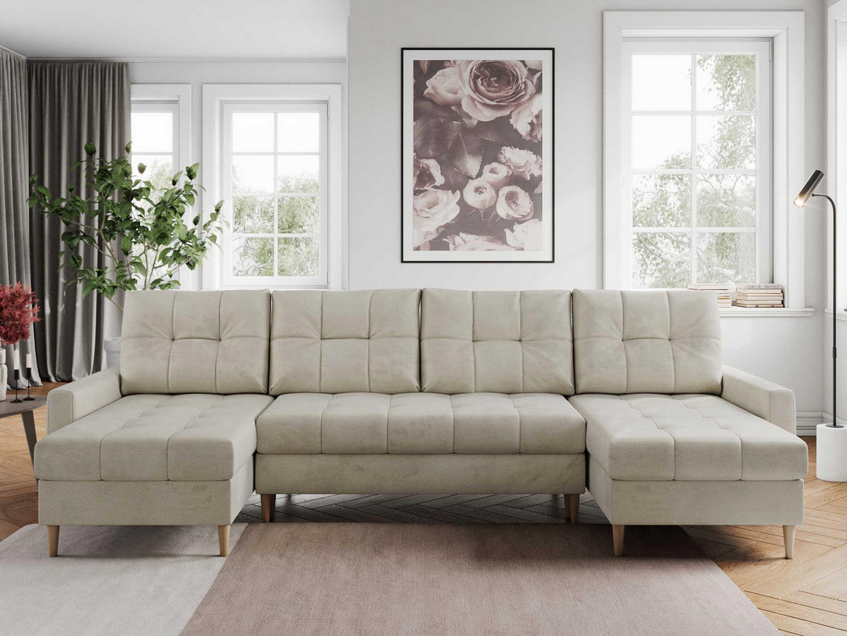 WOHNLANDSCHAFT Colin U Velvet Beige - Beige/Braun, Holz/Textil (290/75/140cm) - MKS